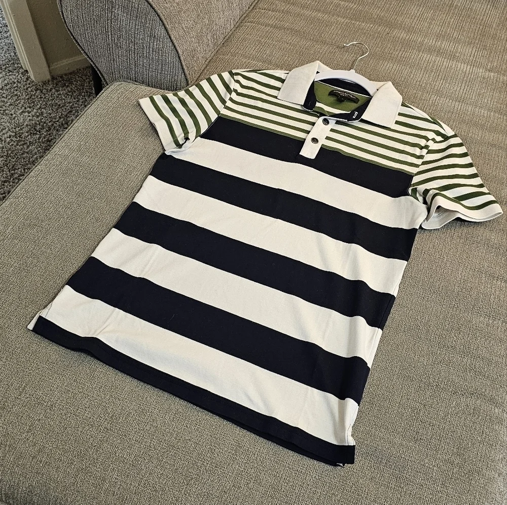Banana Republic Nautical Slim Fot Green Navy Striped Polo Shirt Size Small
